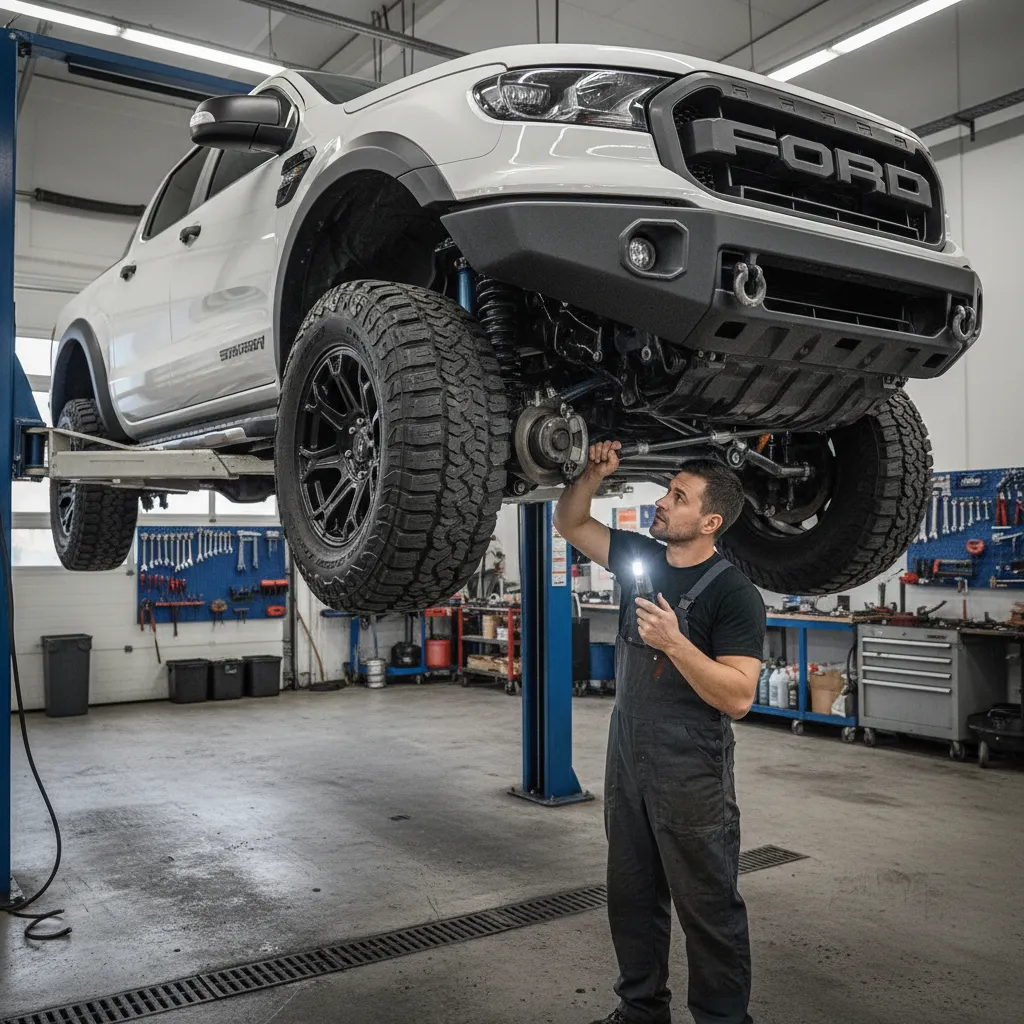 Undercarriage inspection of a Ford Ranger during maintenance