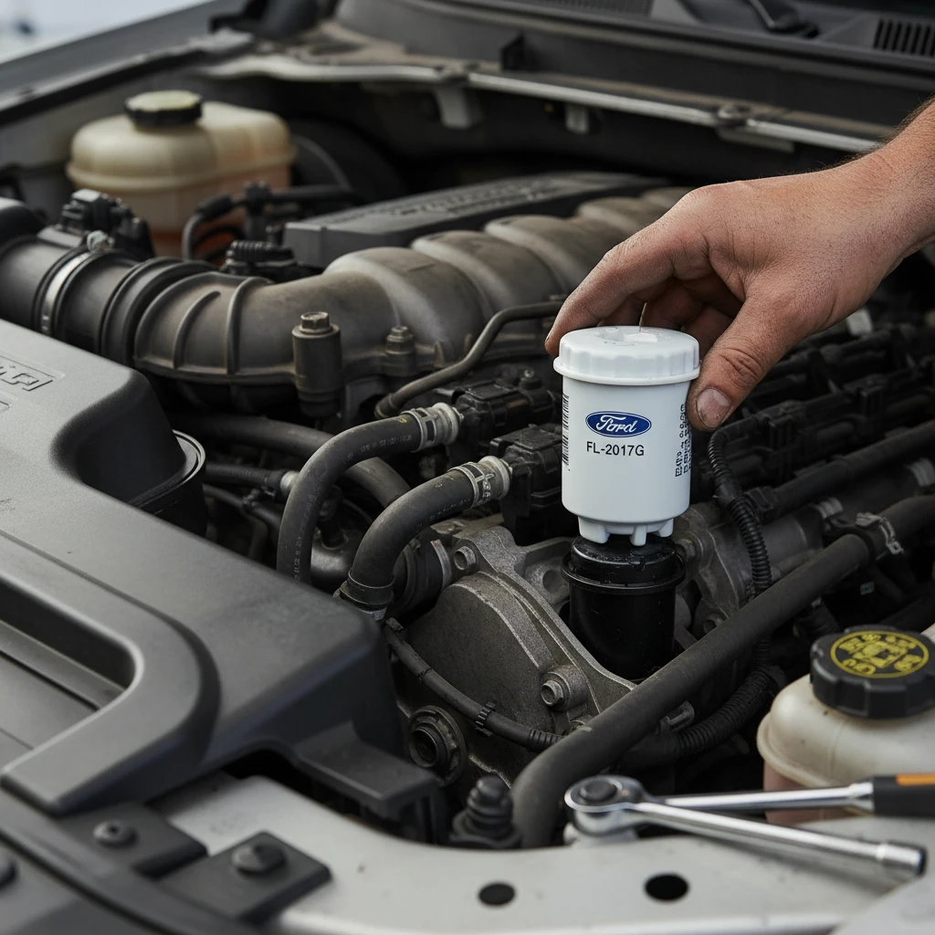 Mechanic installing genuine fuel filter in Ford Ranger PX2