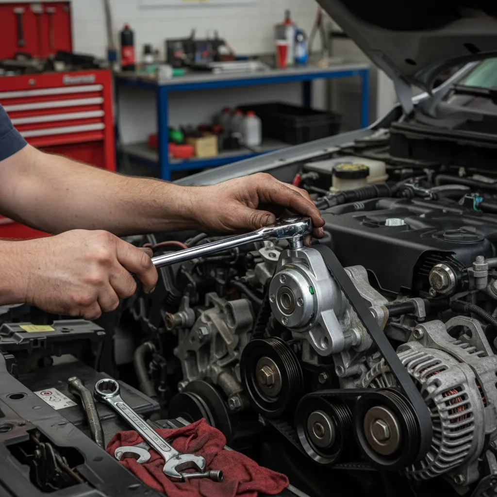 Mechanic installing Ford Ranger drive belt tensioner