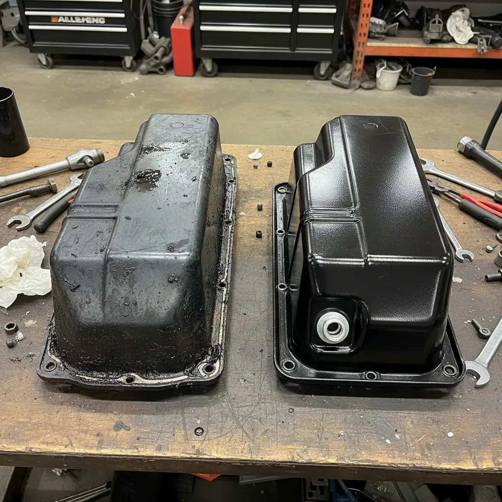 Comparison of Ford Ranger plastic transmission pan vs aftermarket steel pan