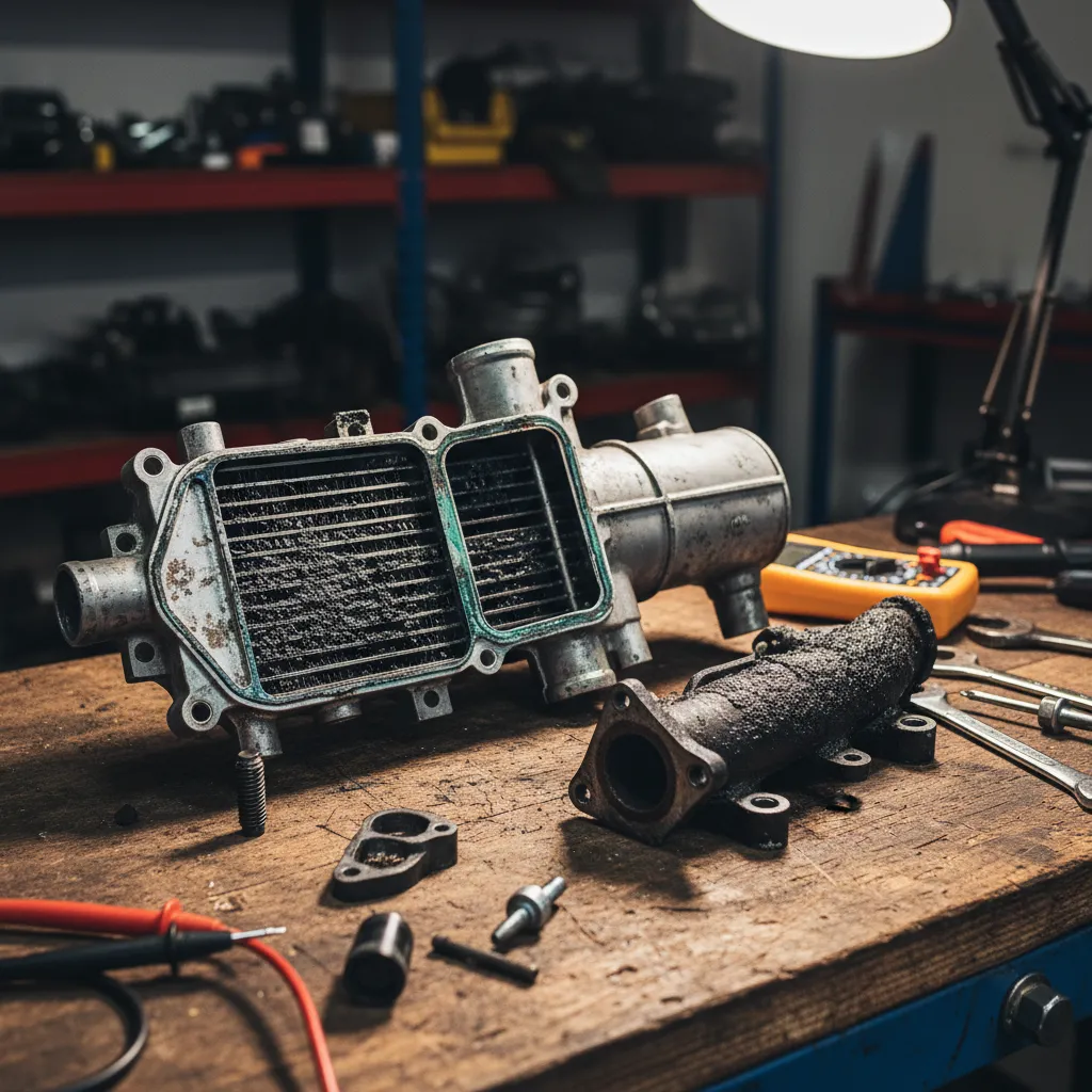Disassembled Ford Ranger EGR cooler showing internal failure