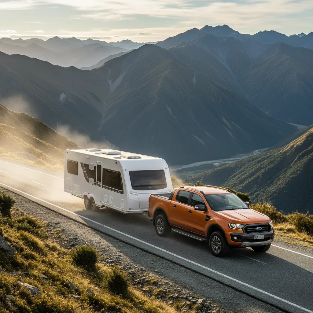 Ford Ranger towing caravan in New Zealand mountains