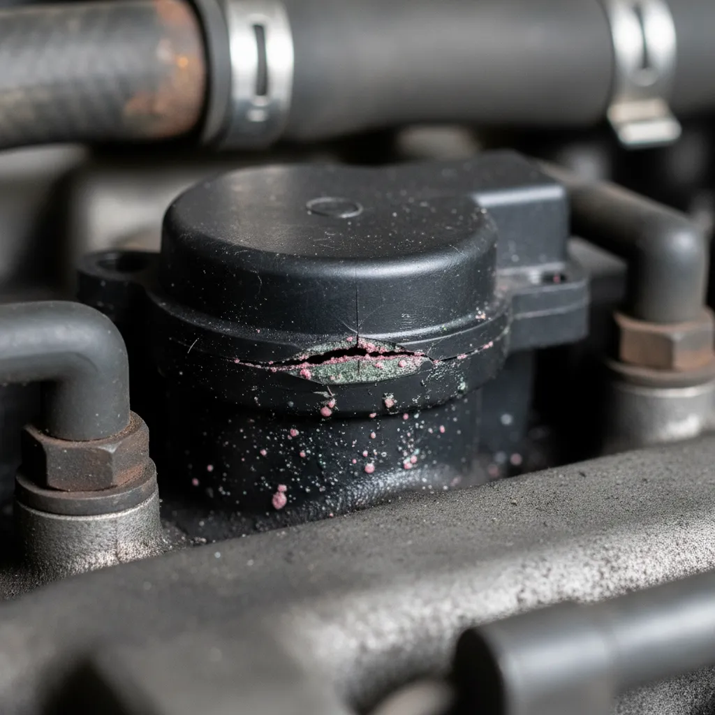 Cracked Ford Ranger thermostat housing showing coolant leak