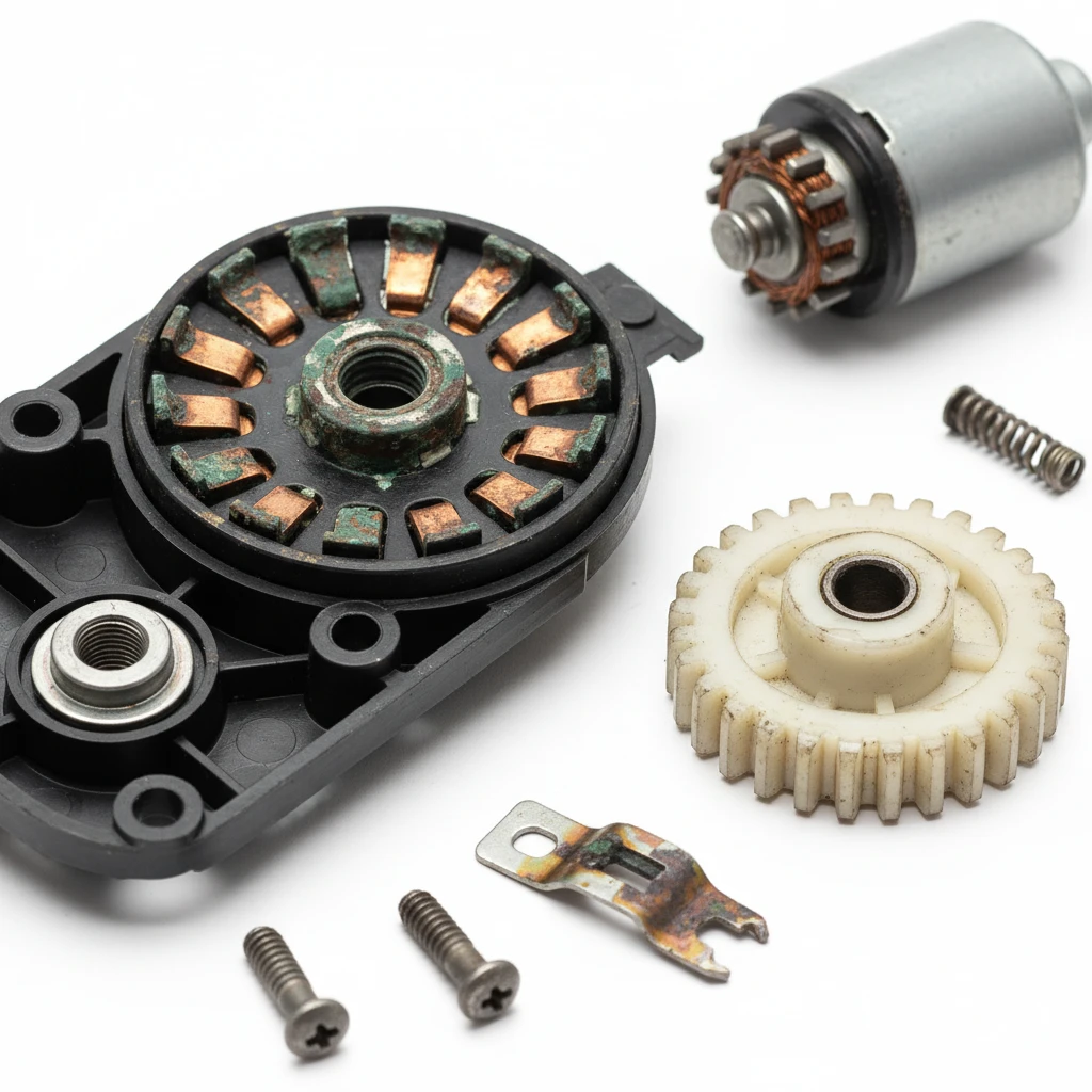 Disassembled transfer case shift motor showing internal corrosion