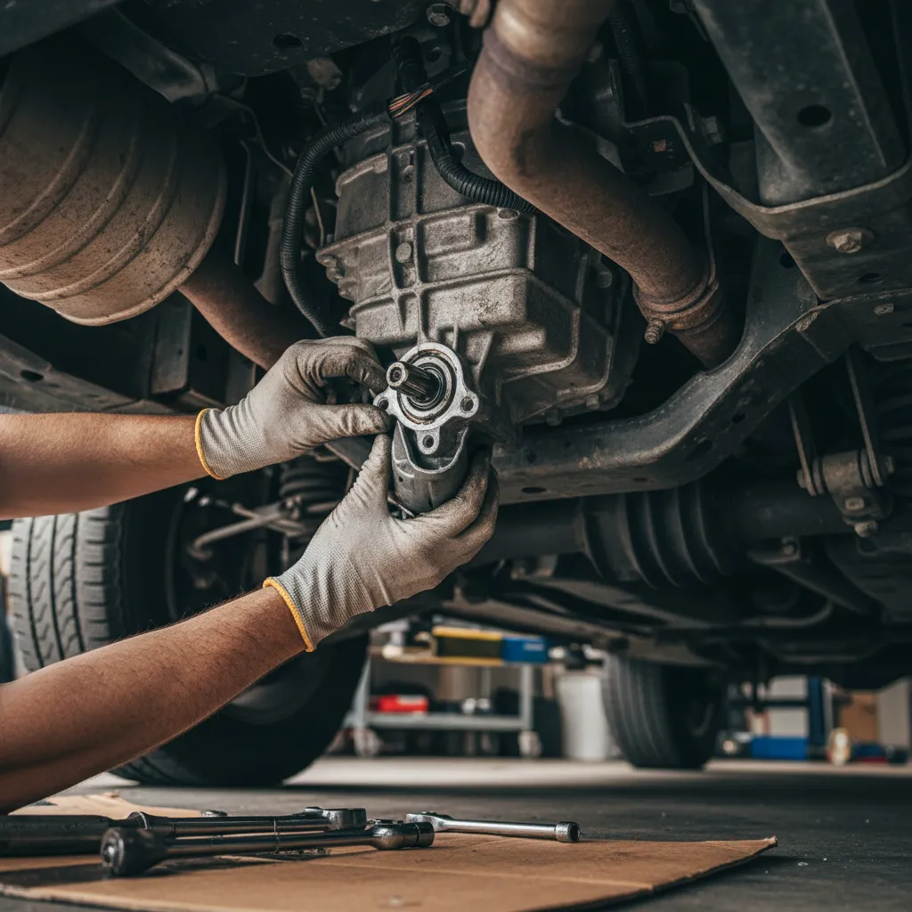 Mechanic installing new transfer case motor on Ford Ranger