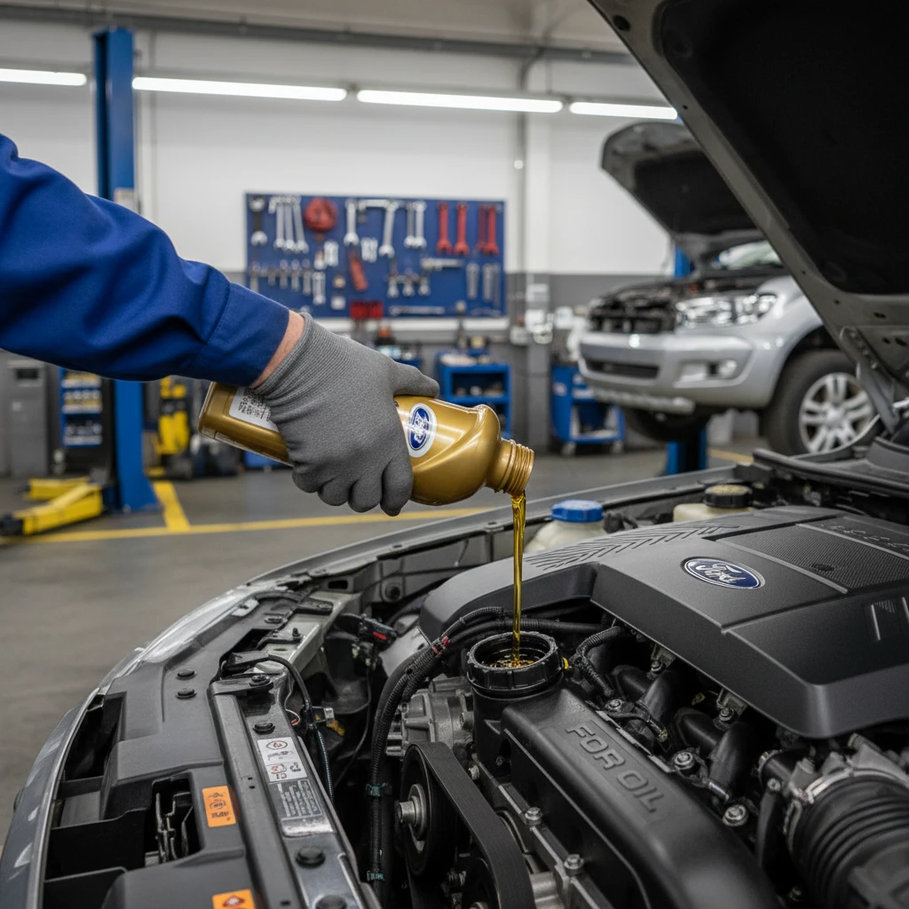 Mechanic performing a rapid oil change on a Ford Ranger to prevent oil pump failure