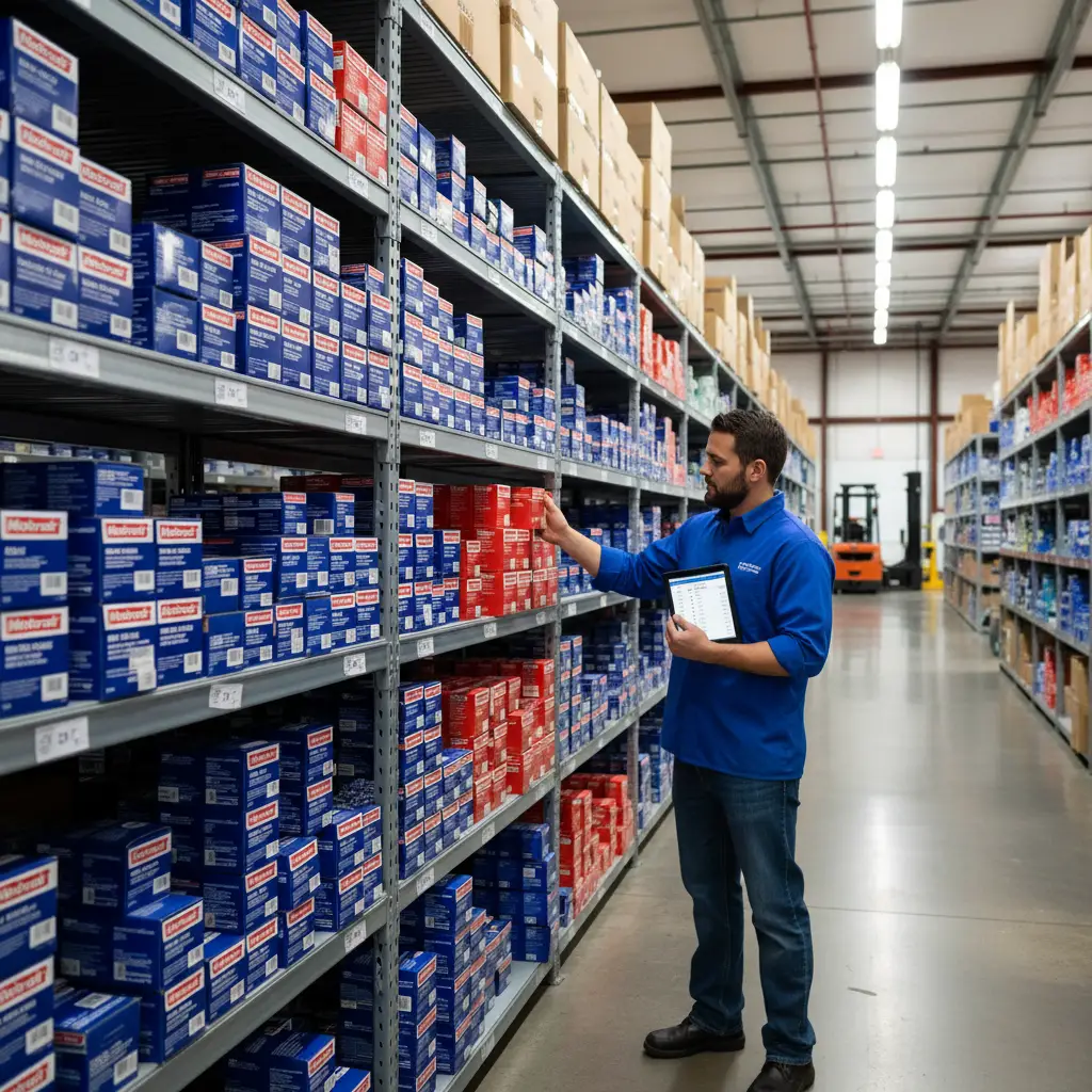 Genuine Motorcraft parts inventory on warehouse shelves