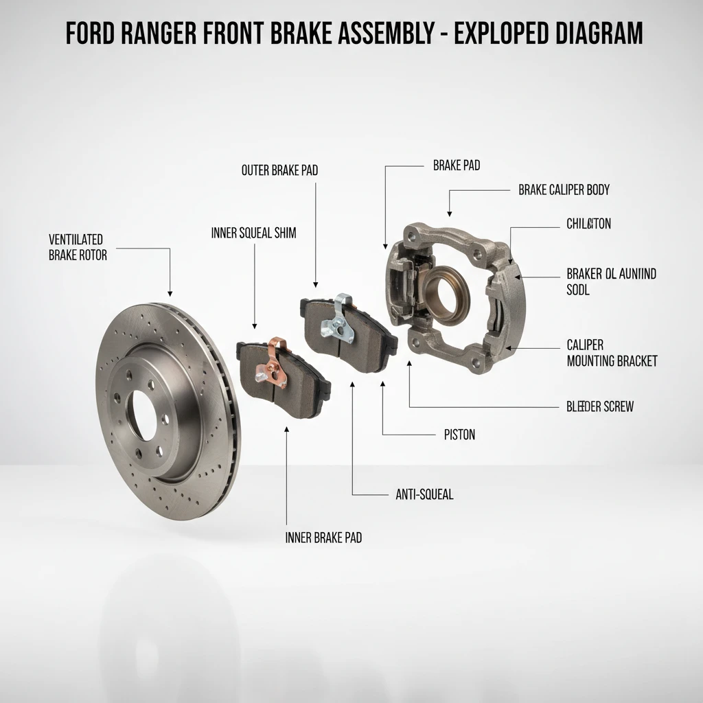 Exploded view of Ford Ranger brake assembly showing shims and backing plates