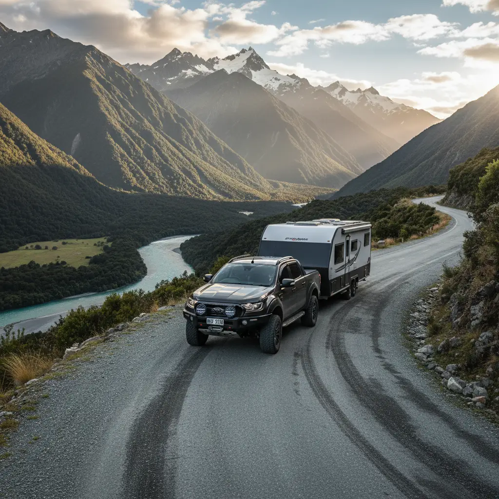 Ford Ranger towing a caravan up a steep hill with upgraded intercooler