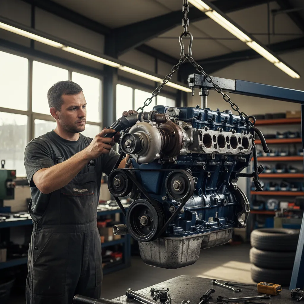 Mechanic inspecting used Ford Ranger engine for sale