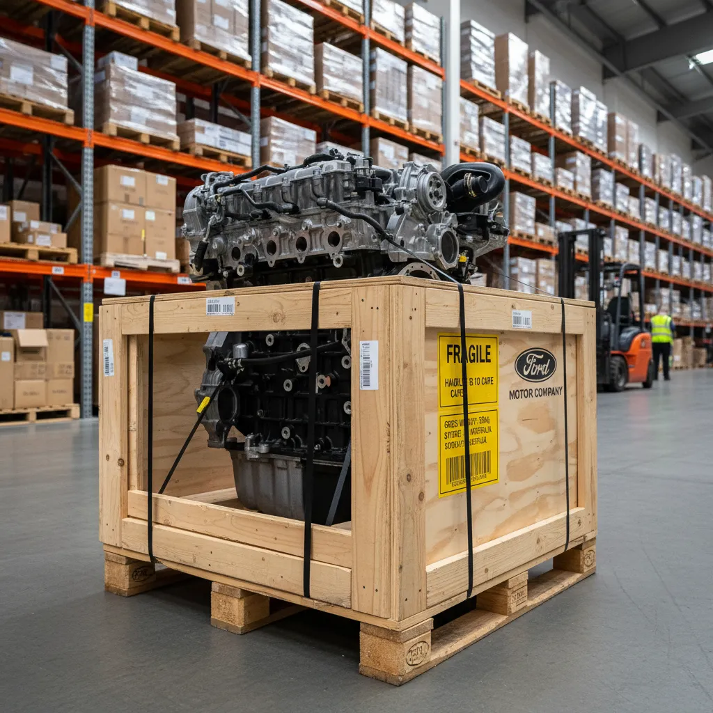 Crated Ford Ranger engine ready for freight