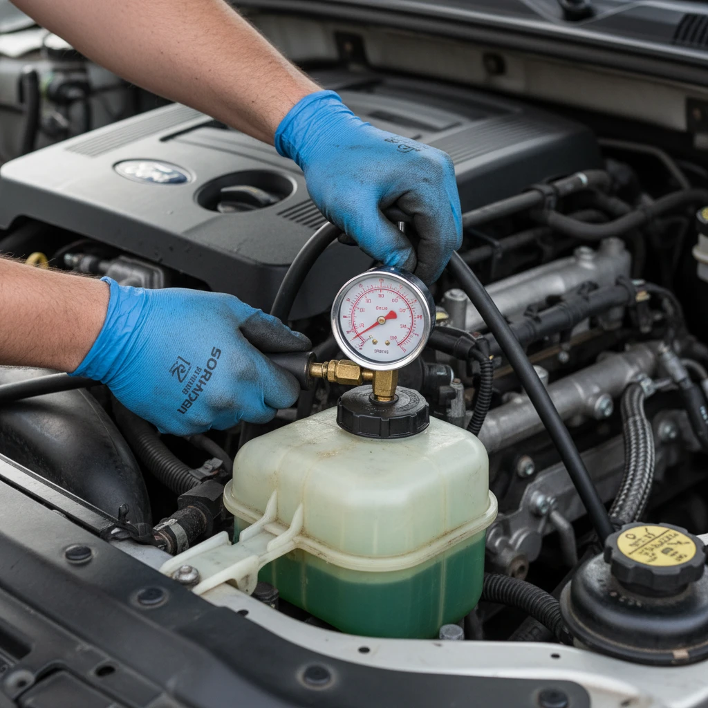 Mechanic performing cooling system pressure test on Ford Ranger