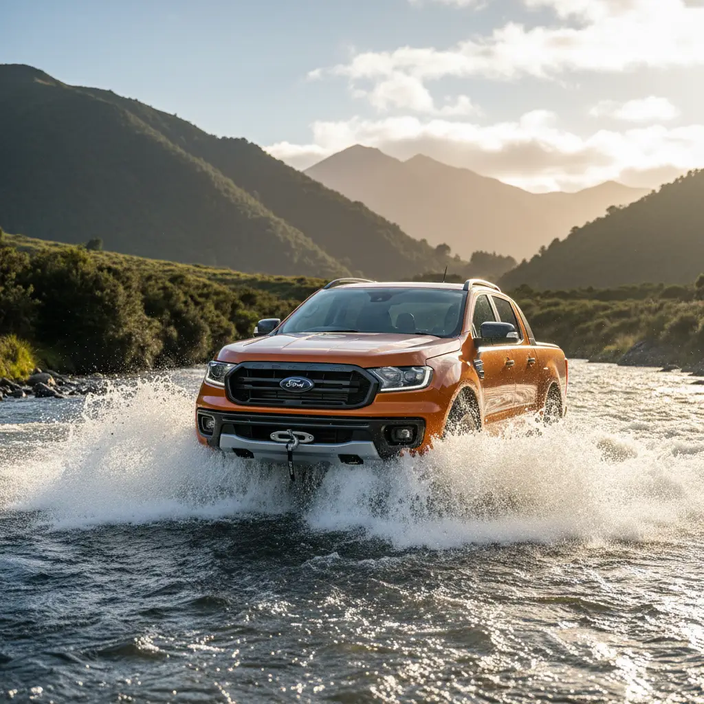 Ford Ranger with hidden winch mount crossing river