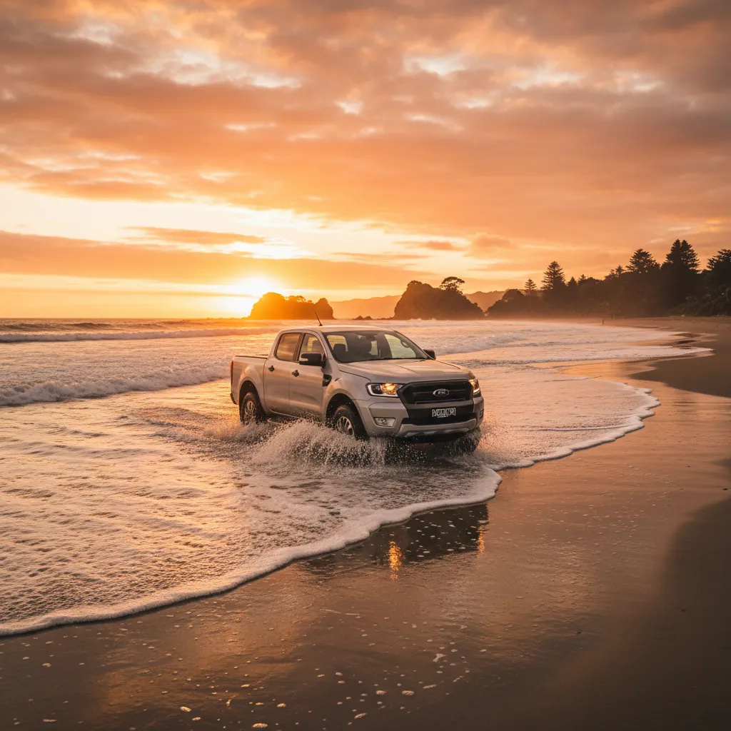 Ford Ranger driving on NZ coastal beach requiring rust protection