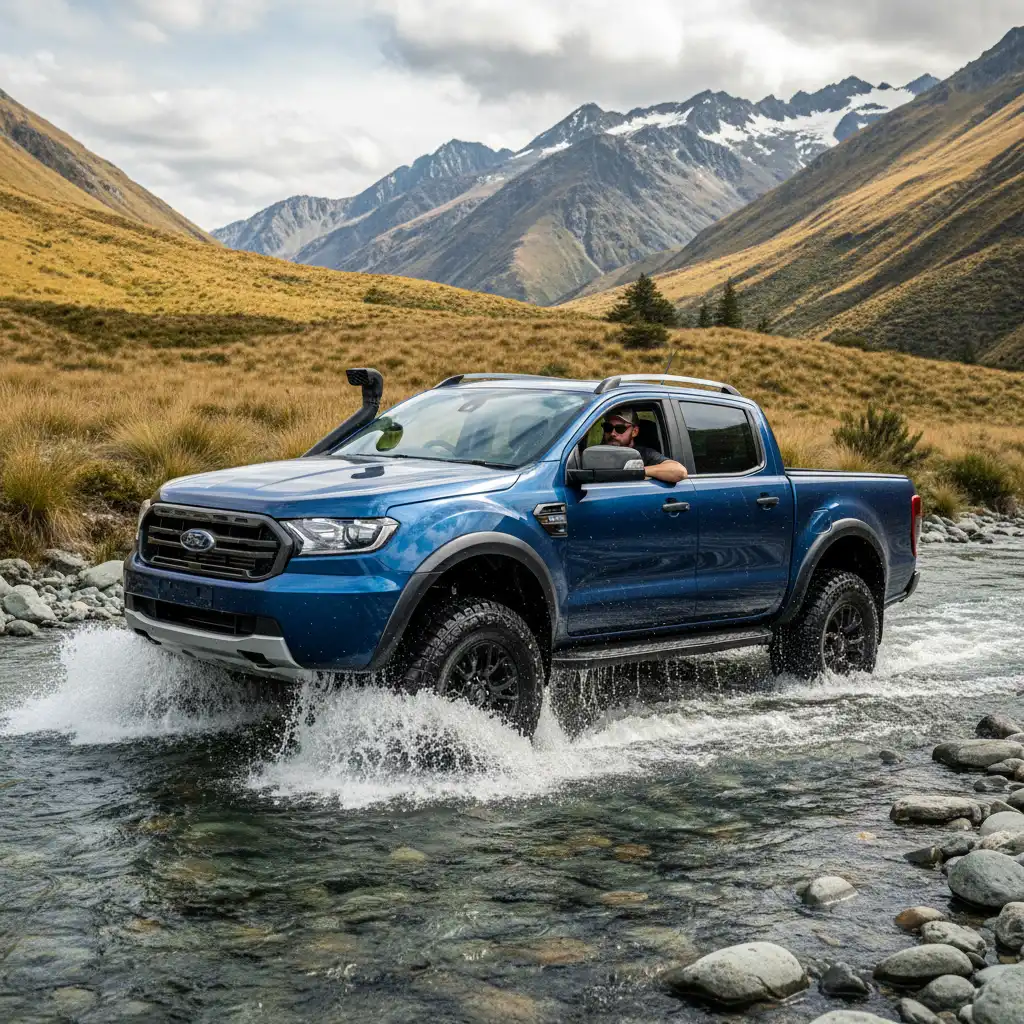 Modified Ford Ranger driving off-road in New Zealand